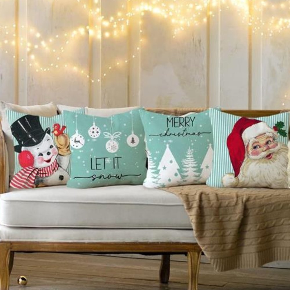 Christmas Pillow Covers Green Santa Decoration 4pc Accent Holiday Xmas Decor - Picture 4 of 6